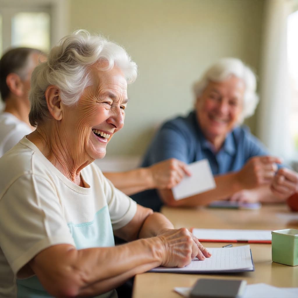 Smiling seniors participating in group activities at an adult day care center in Cape Coral
