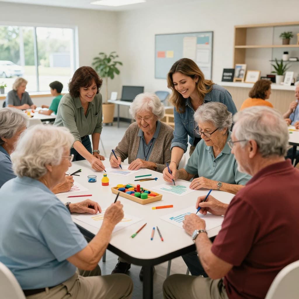 Caregivers assisting older adults during a group activity at an adult day care center in Cape Coral, FL, provide companionship for seniors and respite support for family caregivers.